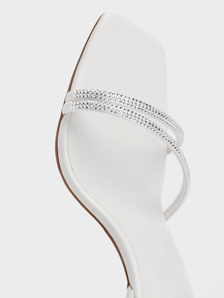 Satin Crystal Stiletto Sandals, White, hi-res