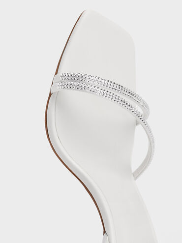 Satin Crystal Stiletto Sandals, White, hi-res