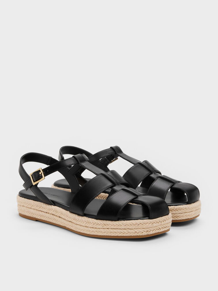 Caged Flatform Espadrille Sandals, Black, hi-res