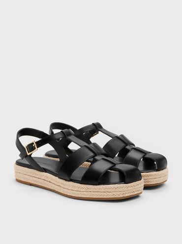 Caged Flatform Espadrille Sandals, Black, hi-res