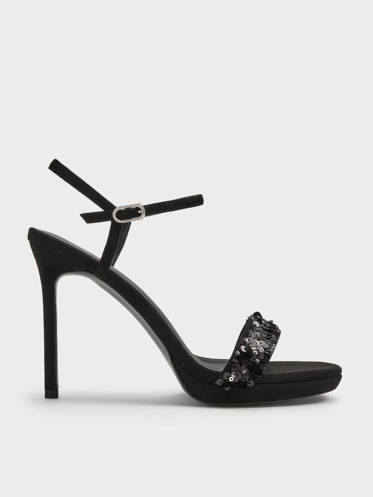 Sequinned Ankle-Strap Stiletto Sandals, Black Textured, hi-res