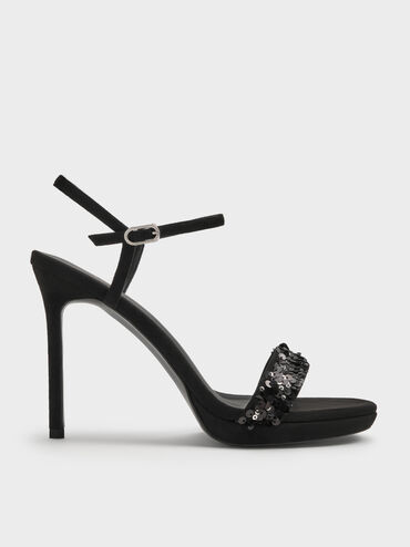 Sequinned Ankle-Strap Stiletto Sandals, Black Textured, hi-res