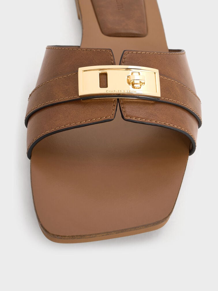 Lando Metallic-Accent Belted Slide Sandals, Cognac, hi-res