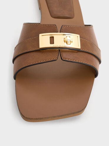 Lando Metallic-Accent Belted Slide Sandals, Cognac, hi-res