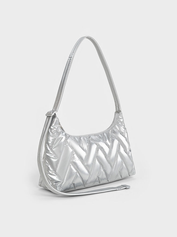 Nylon Chevron Shoulder Bag, Silver, hi-res