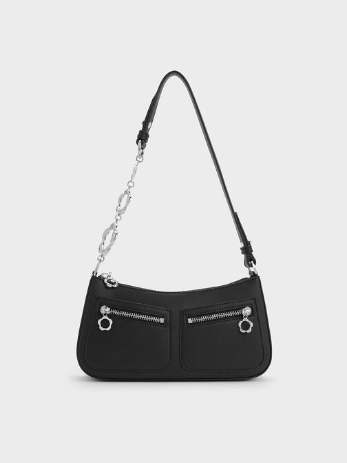 Flower-Embellished Shoulder Bag, Black, hi-res