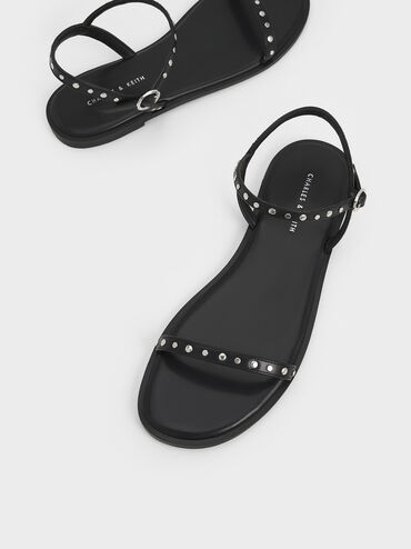 Studded Open-Toe Sandals, Black, hi-res