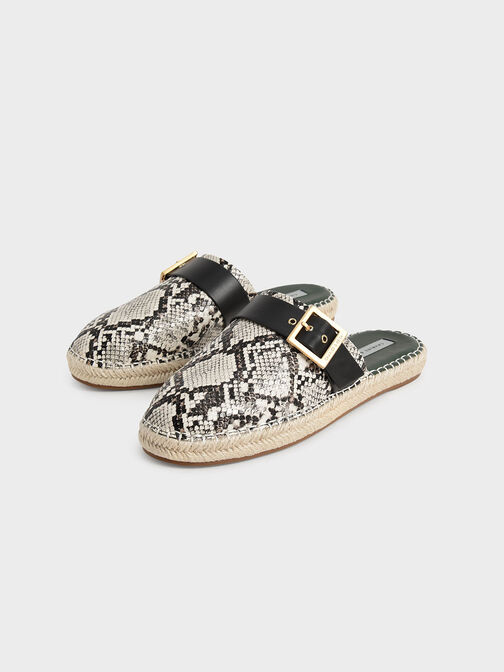 Snake-Print Buckled Espadrille Mules, Animal Print Natural, hi-res