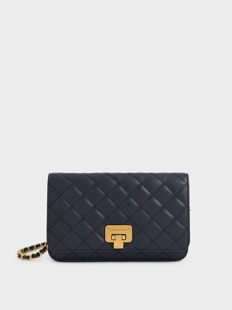 Quilted Push-Lock Clutch, Navy, hi-res