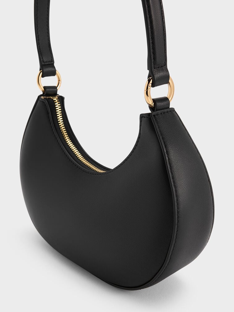 Leather Crescent Hobo Bag, Black, hi-res