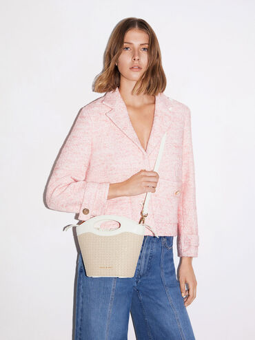 Raffia Drawstring Bucket Bag, White, hi-res