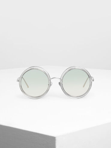 Cutout Frame Round Sunglasses, Silver, hi-res