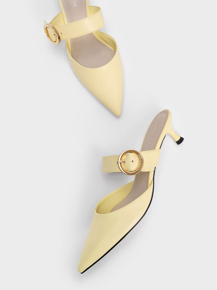 Buckled Strap Spool Heel Mules, Yellow, hi-res