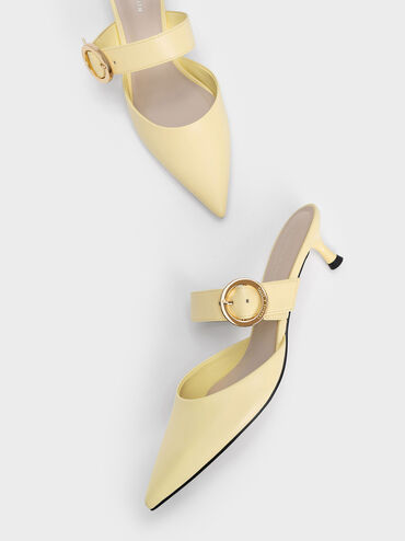 Buckled Strap Spool Heel Mules, Yellow, hi-res
