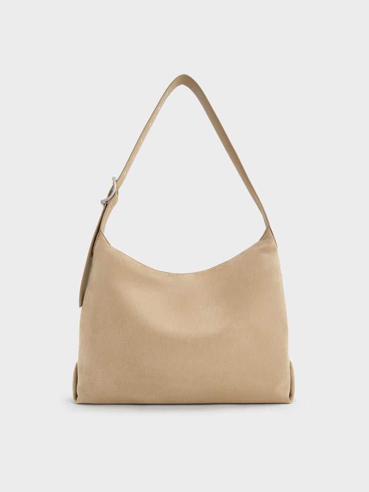 Larsen Recycled Suede Buckle-Strap Hobo Bag, Nutmeg Beige, hi-res