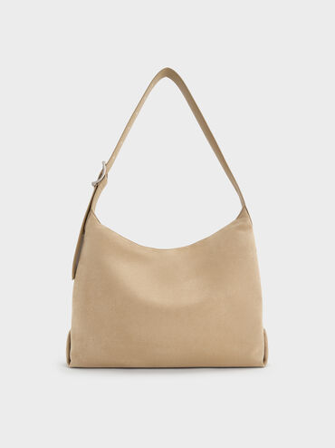 Larsen Recycled Suede Buckle-Strap Hobo Bag, Nutmeg Beige, hi-res