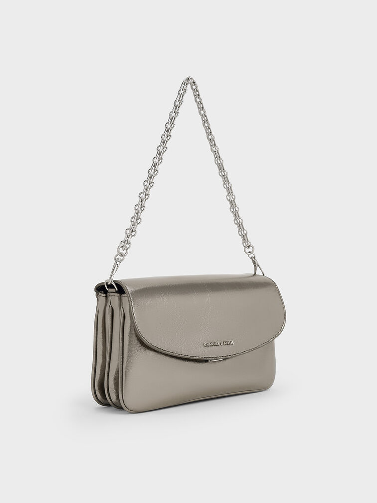 Caia Metallic Front Flap Shoulder Bag, Pewter, hi-res