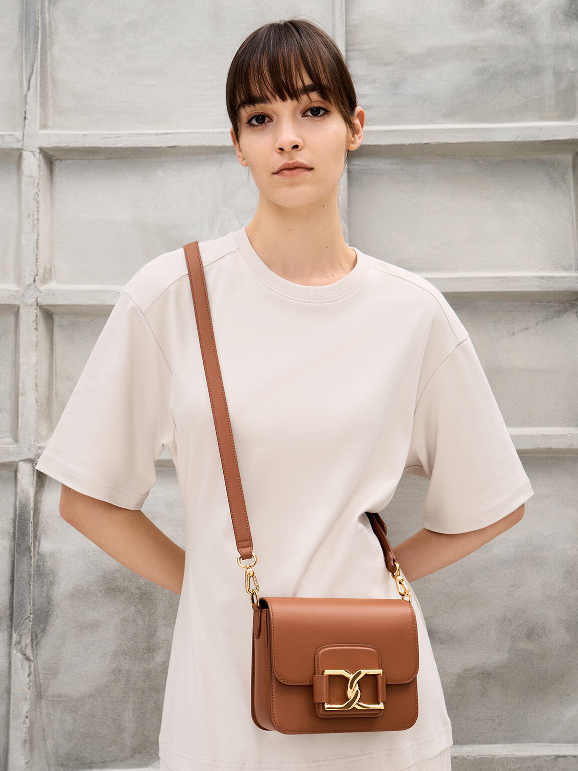 Cognac Gabine Leather Crossbody Bag CHARLES KEITH IN