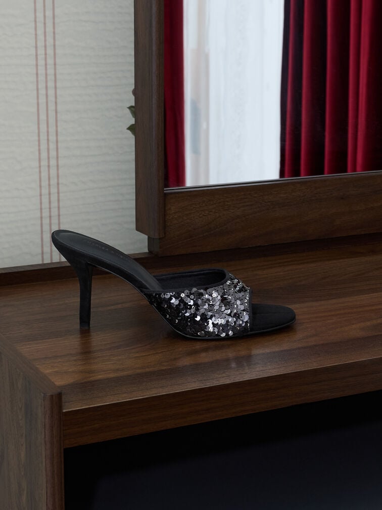 Sequinned Stiletto-Heel Mules, Black Textured, hi-res