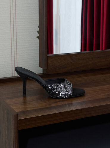 Sequinned Stiletto-Heel Mules, Black Textured, hi-res