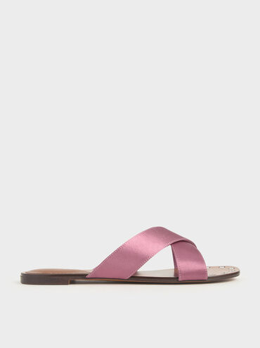 Satin Embellished-Sole Slide Sandals, Pink, hi-res