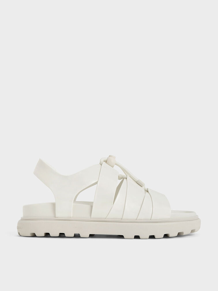 Patent Drawstring Lace-Up Sandals, White, hi-res