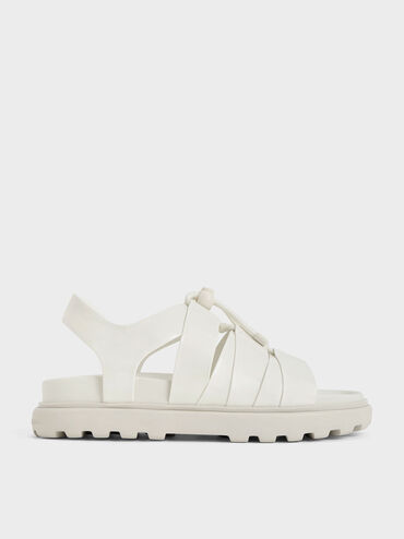 Patent Drawstring Lace-Up Sandals, White, hi-res