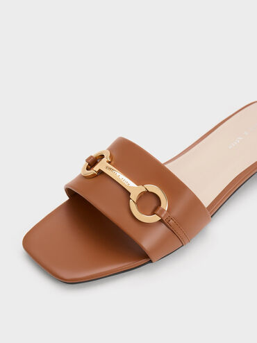 Metallic Bar Slide Sandals, Cognac, hi-res