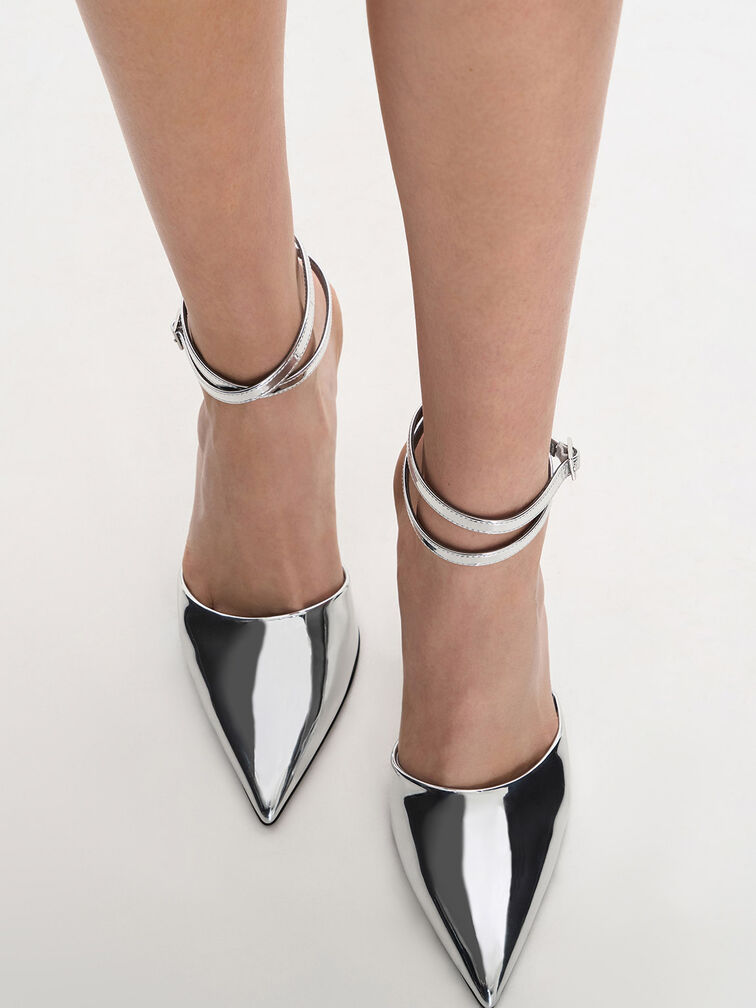 Metallic Patent Pointed-Toe Ankle-Strap Pumps, Silver, hi-res