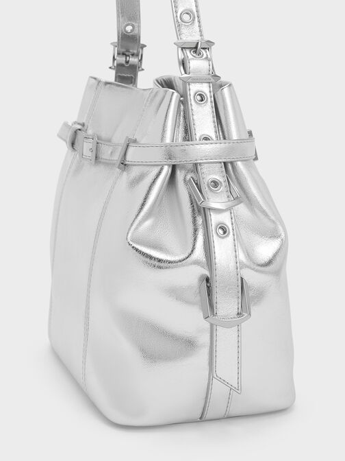 Bryna Metallic Belted Bucket Bag, Silver, hi-res
