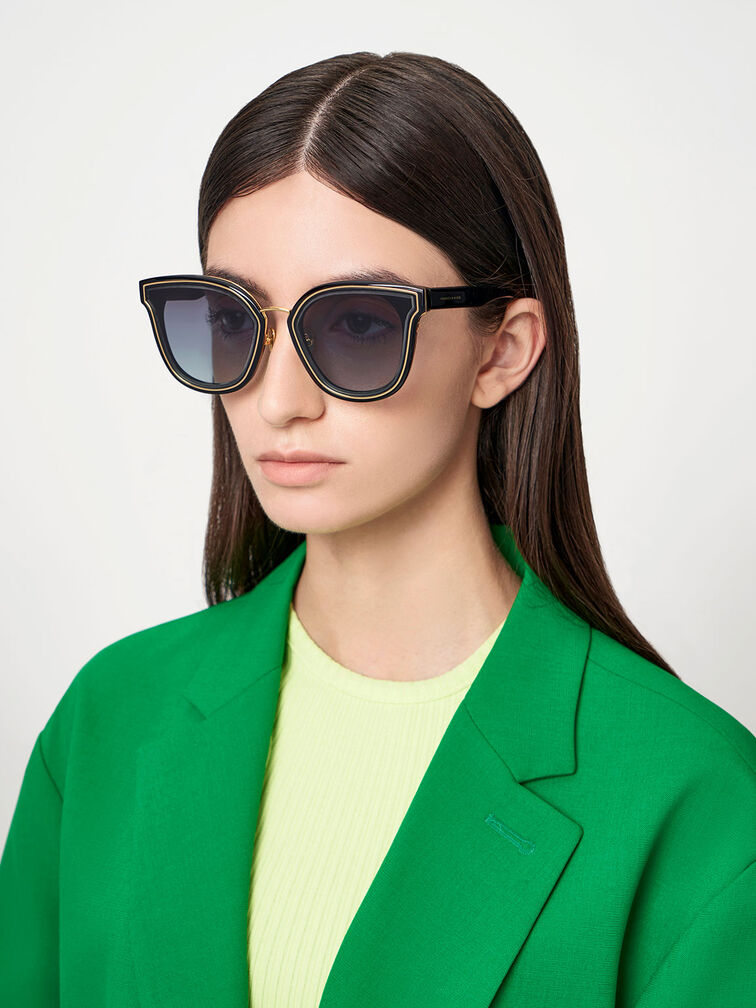 Gold-Trim Rectangular Sunglasses, Black, hi-res