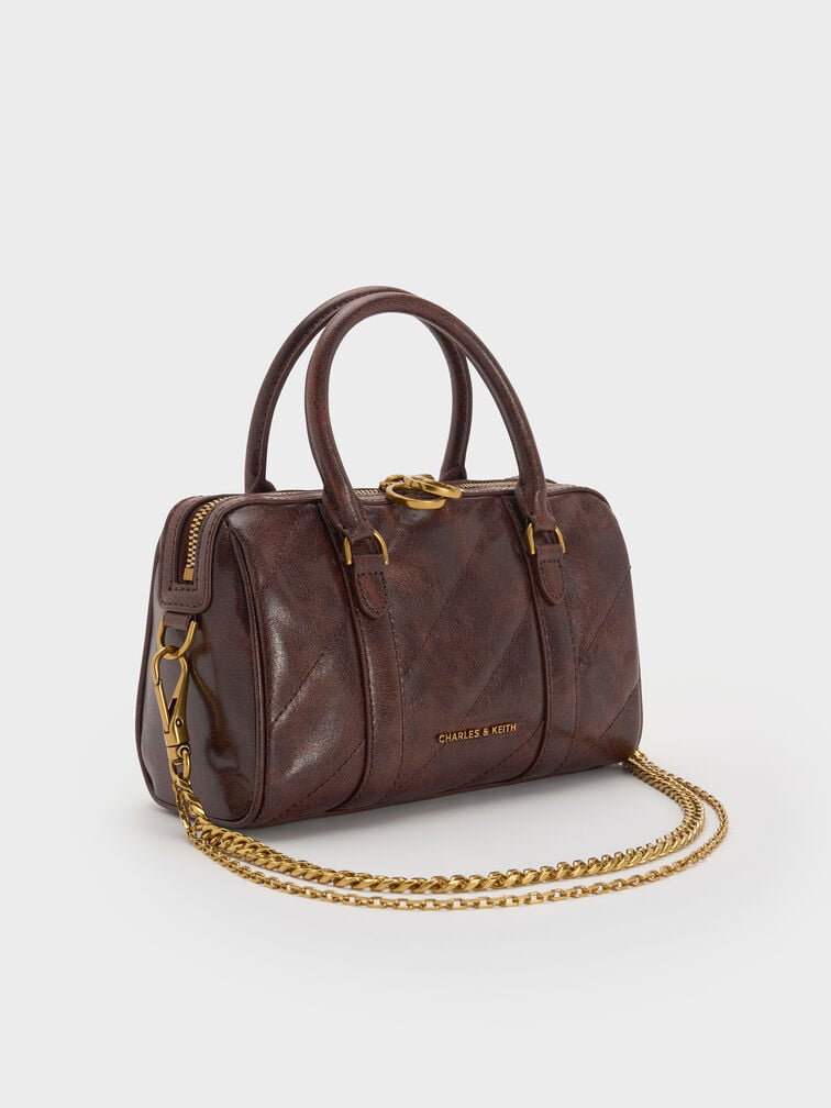 Philomena Panelled Chain-Handle Bowling Bag, Distressed Coffee, hi-res