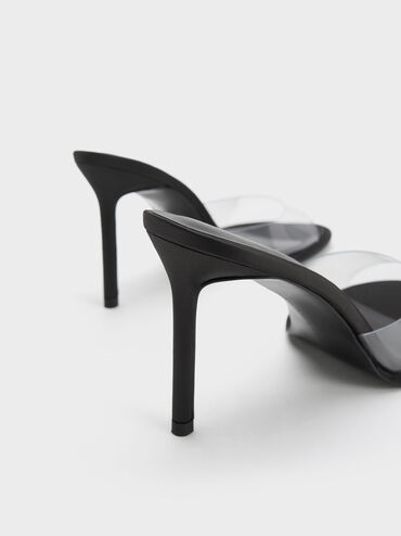 See-Through Cylindrical Heel Mules, Black, hi-res