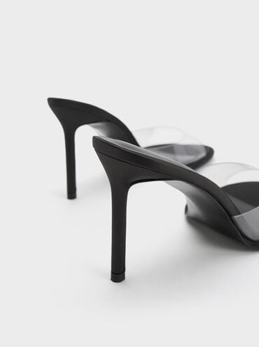 See-Through Cylindrical Heel Mules, Black, hi-res