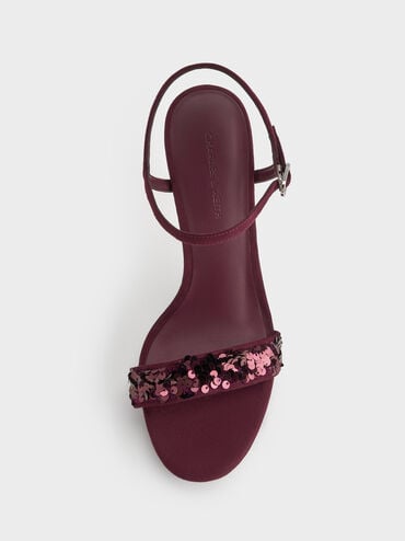 Sequinned Ankle-Strap Stiletto Sandals, Burgundy, hi-res