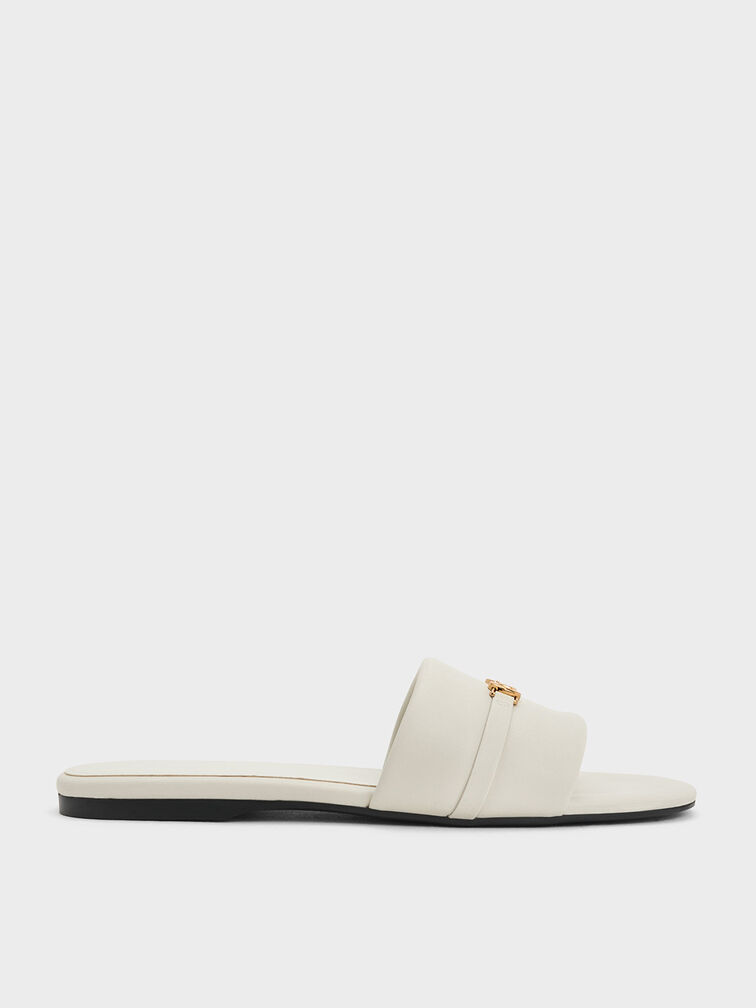 Metallic Accent Round-Toe Slide Sandals, Chalk, hi-res