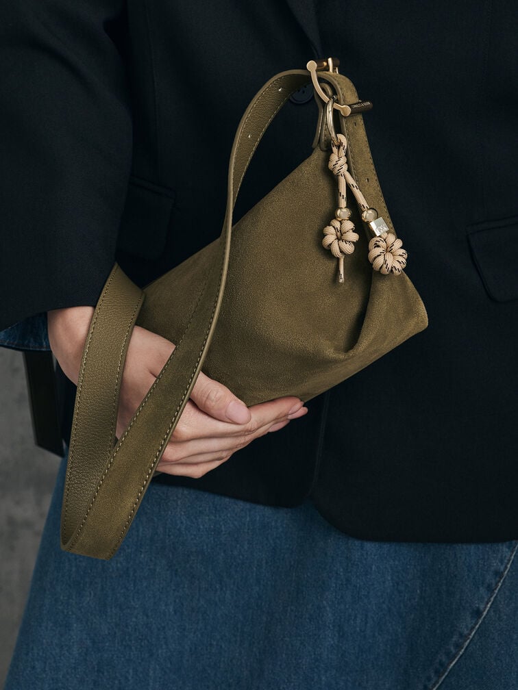 Larsen Recycled Suede Buckle-Strap Slouchy Shoulder Bag, Deep Olive, hi-res