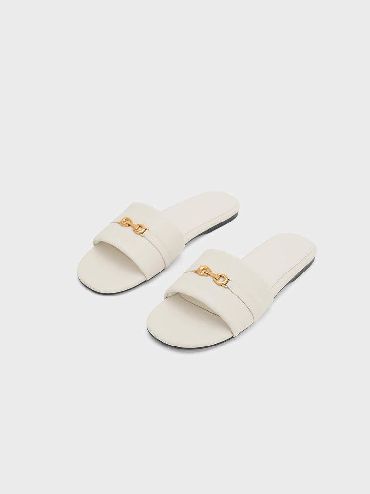 Metallic Accent Round-Toe Slide Sandals, Chalk, hi-res