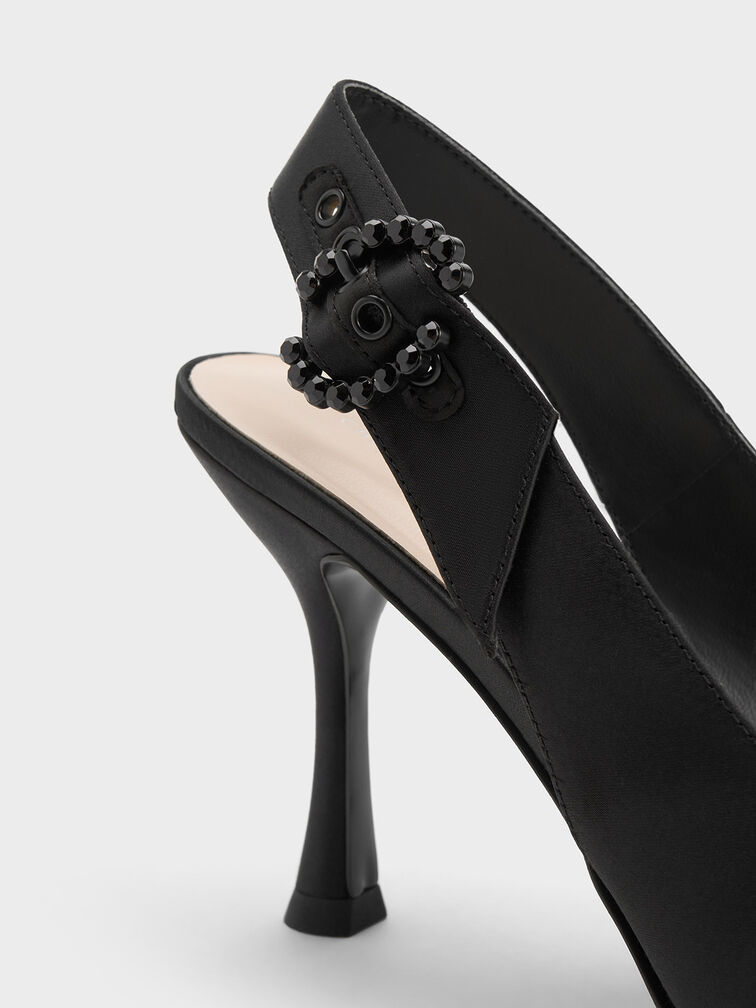 Embellished Recycled Polyester Slingback Pumps, Black, hi-res