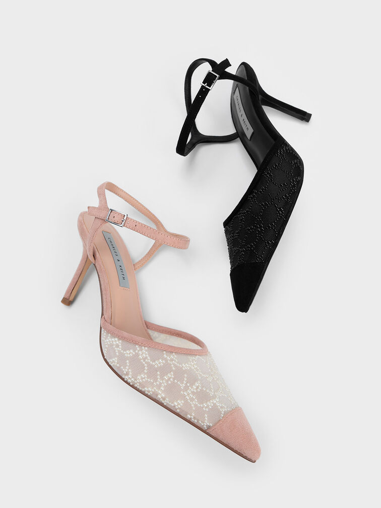 Beaded Mesh Ankle Strap Pumps, Black, hi-res