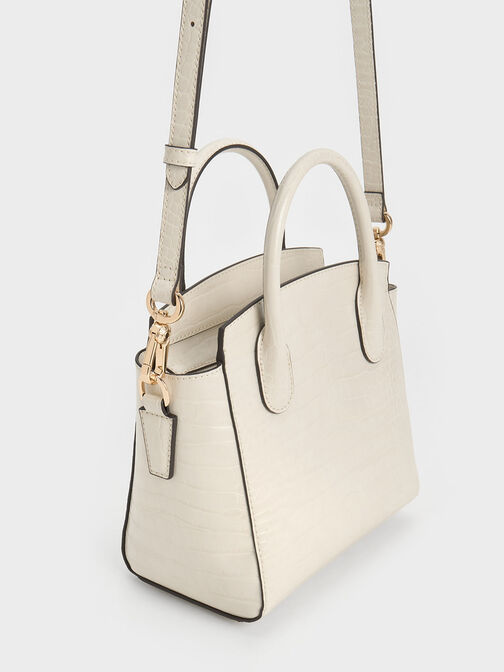Croc-Effect Trapeze Tote Bag, Ivory, hi-res