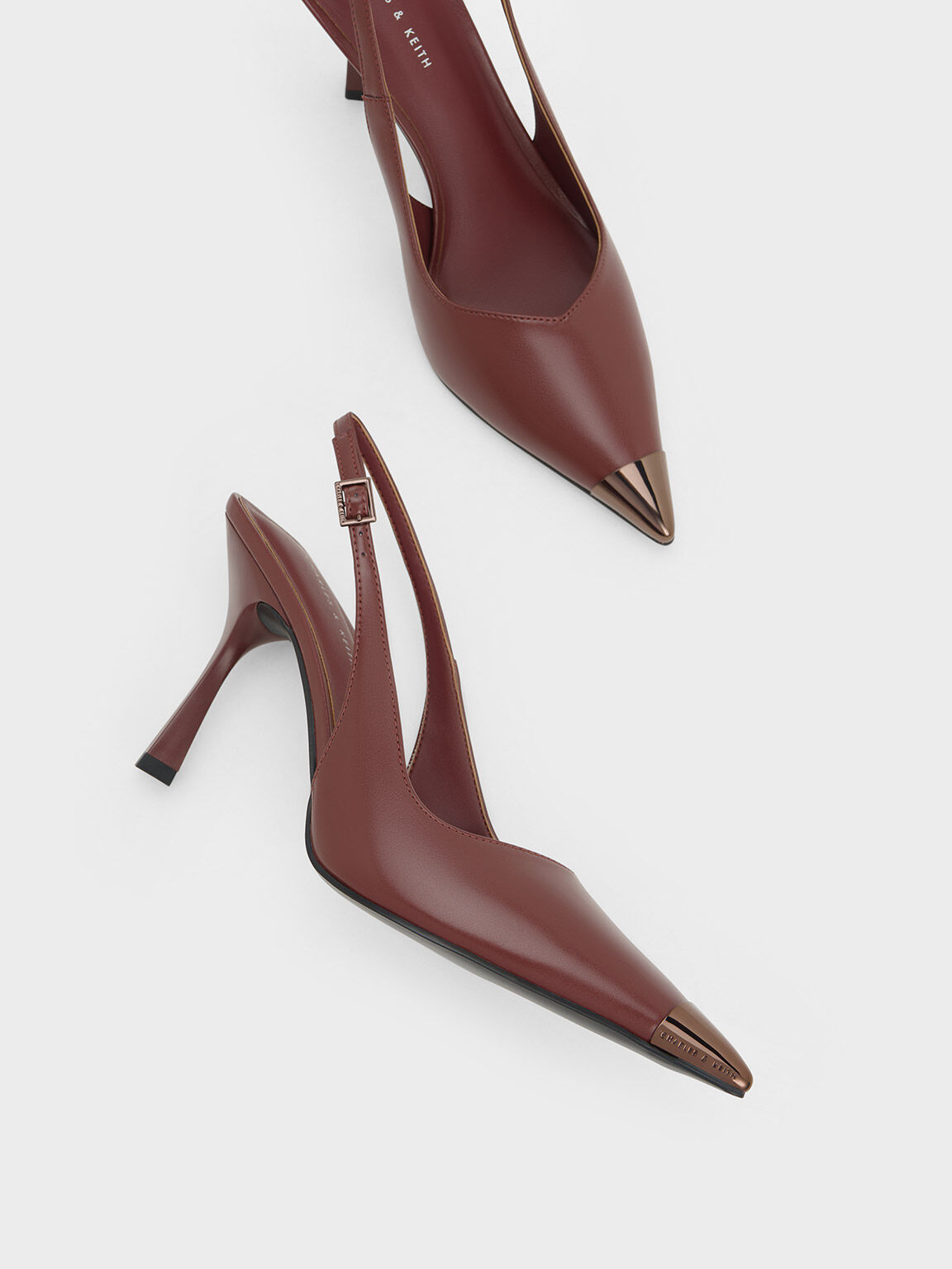 Maroon Metallic Cap Pointed Toe Slingback Pumps CHARLES KEITH IN