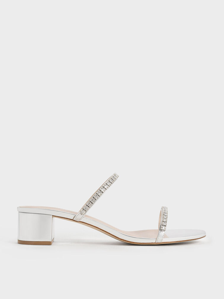 Ambrosia Metallic Gem-Embellished Mules, Silver, hi-res