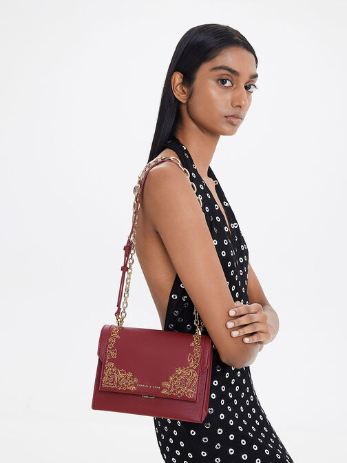 Chain Handle Baroque Evening Bag, Burgundy, hi-res