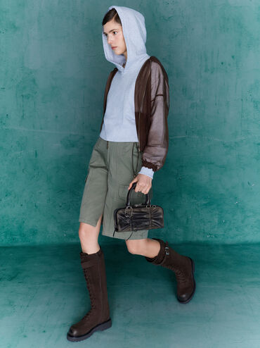 Kadee Ruched Bow-Charm Bowling Bag, Burnished Brown, hi-res