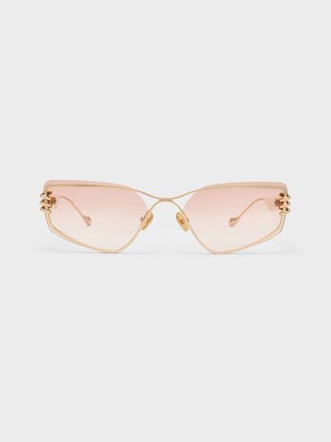 Metallic-Rimmed Geometric Sunglasses, Cream, hi-res