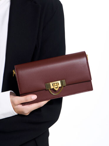 Tallulah Metallic Push-Lock Wallet, Burgundy, hi-res
