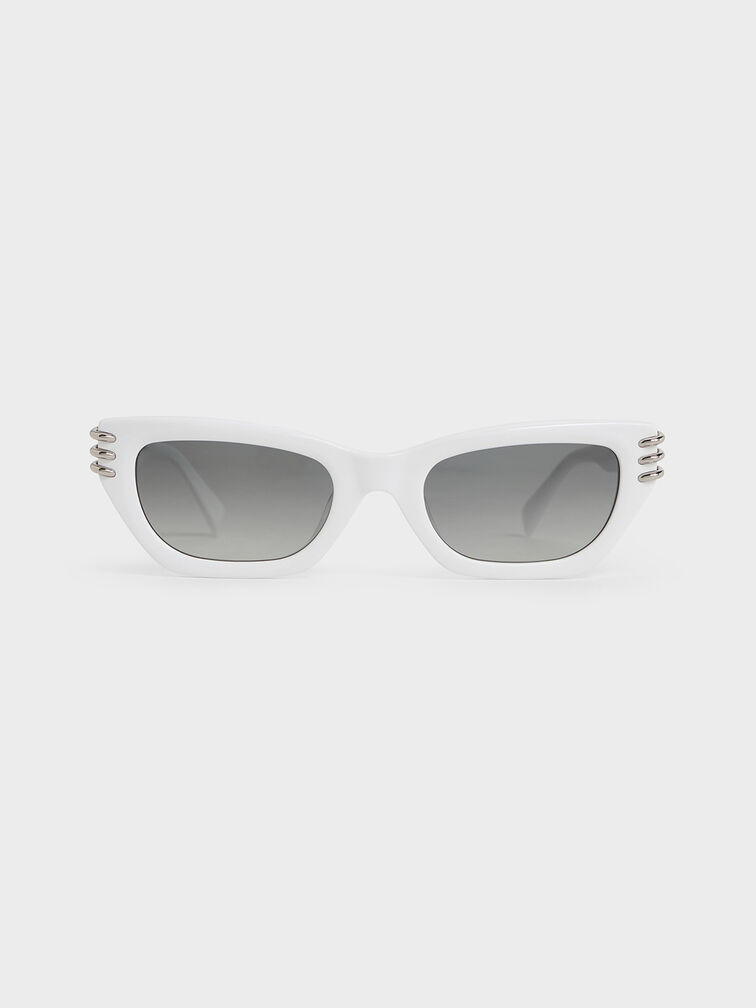 Recycled Acetate Metallic-Accent Angular Cat-Eye Sunglasses, White, hi-res
