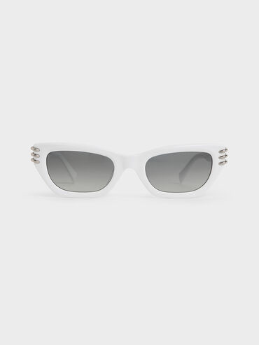 Recycled Acetate Metallic-Accent Angular Cat-Eye Sunglasses, White, hi-res