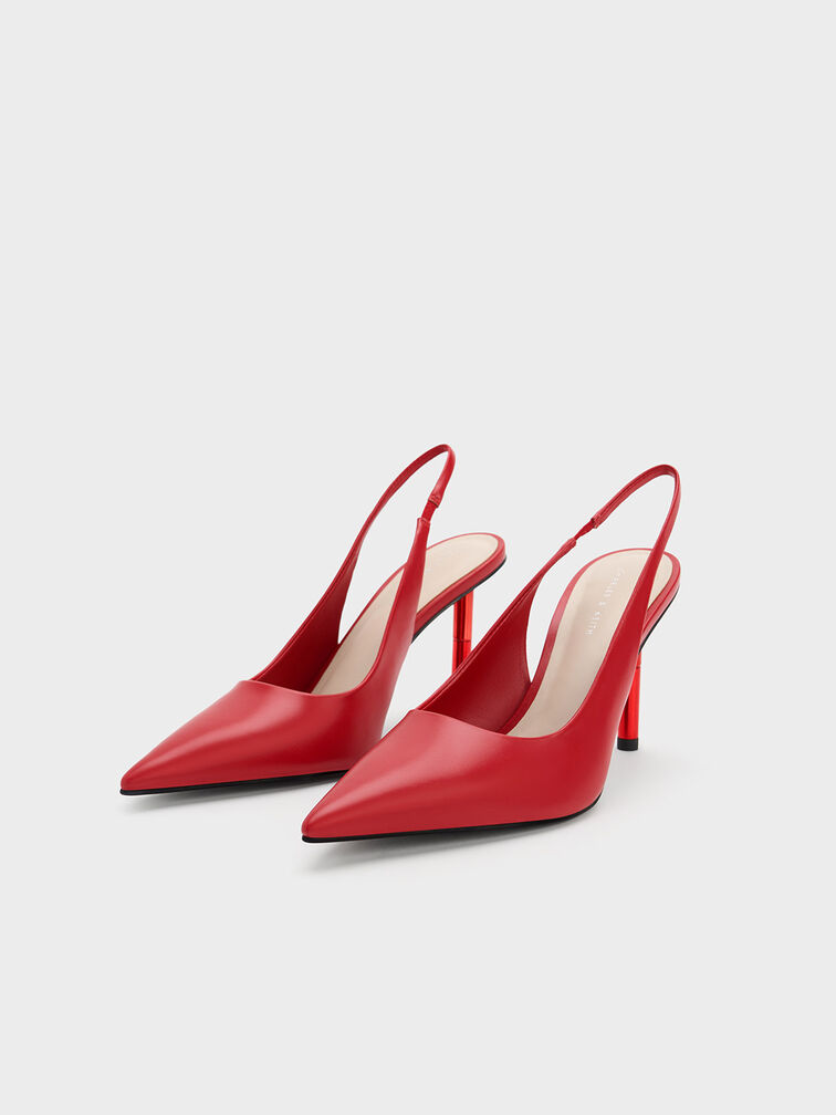 Cylindrical Metallic Heel Slingback Pumps, Red, hi-res